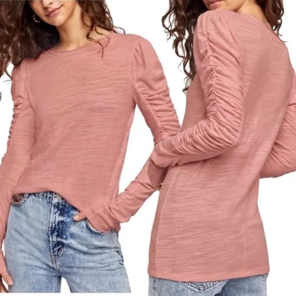 WE THE FREE NATASHA Puffed Shoulder Ruched long sleeve top in Blush Size XL - Picture 1 of 5
